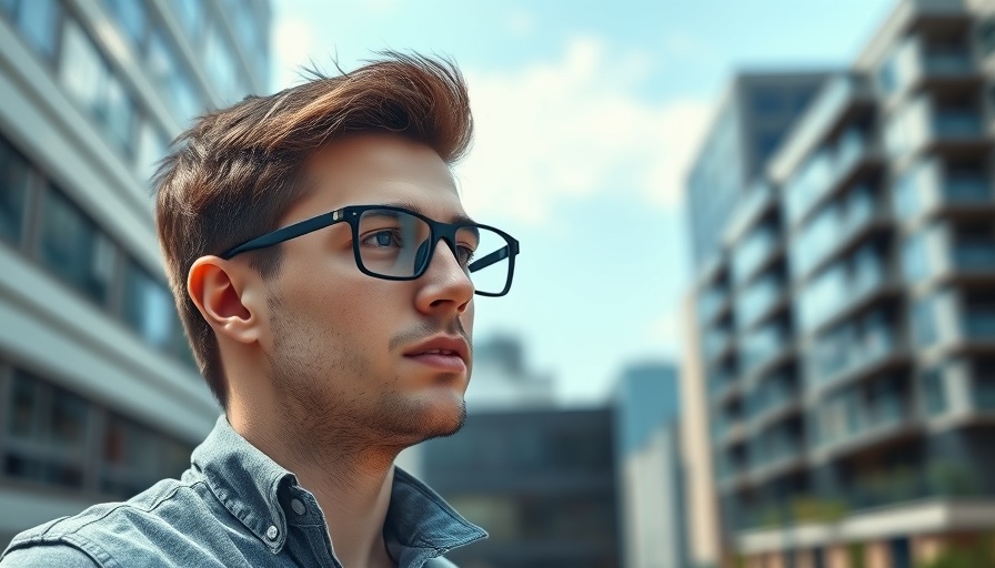 Young man with smart glasses in cityscape, thinking.