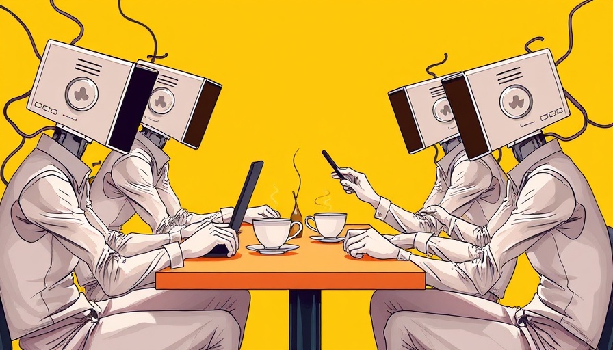 AI agents depicted with laptop heads discussing electricity demand at a tea table.