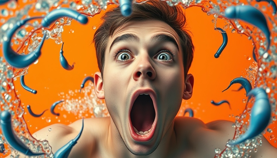 Surprised man amidst sperm, concept illustrating seminal plasma hypersensitivity.