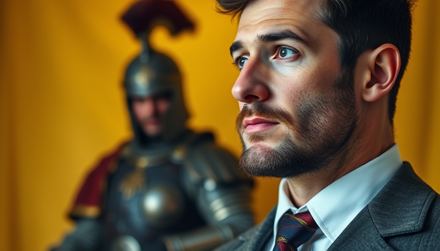 Thoughtful man in suit with warrior in background, impact on Tesla.
