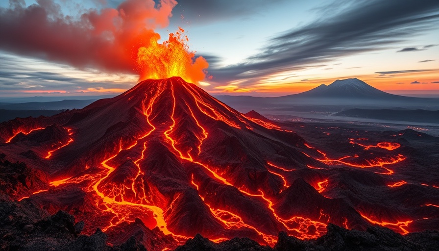 Melting glaciers activate volcanoes, dramatic volcanic eruption with flowing lava.