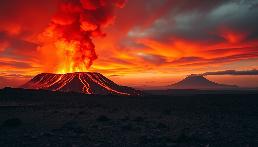 Volcanic eruption with glowing lava at sunset.