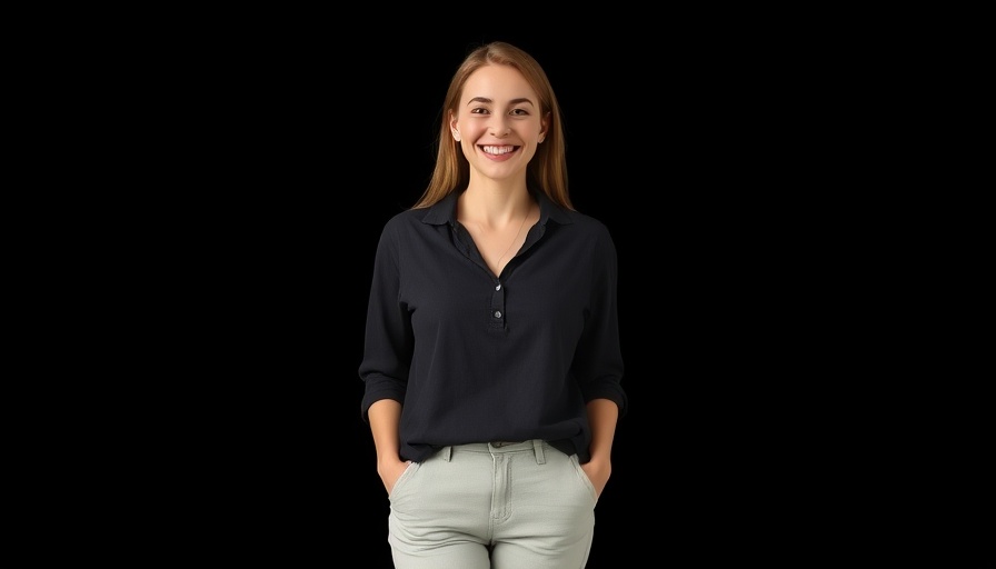 Woman smiling confidently in casual attire on AI nudify websites topic.