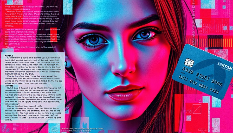 Abstract digital artwork with portrait, text, and credit card in vibrant colors.