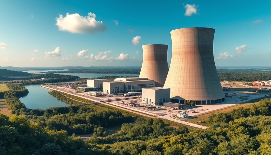 Nuclear power plant with greenery and water, highlighting long-term effects of nuclear waste storage.