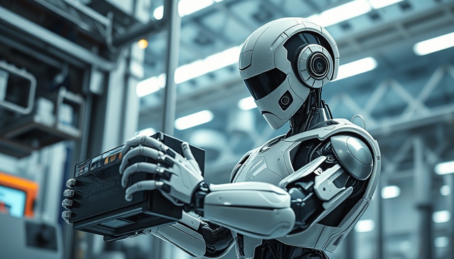 Futuristic robot changing its own battery in a high-tech setting.