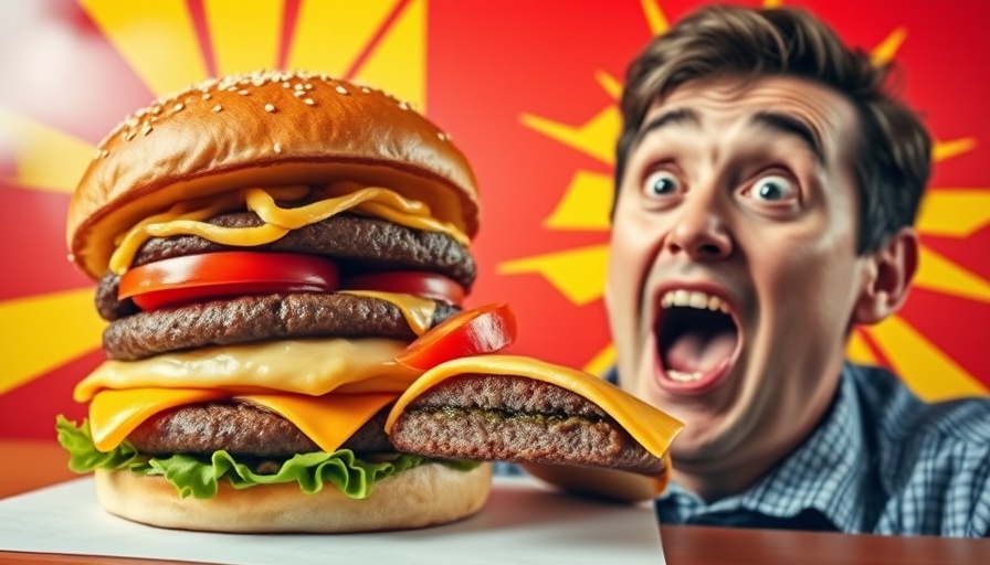 Humorous pop art of a burger and surprised man, highlighting Tesla Eats burger prices.