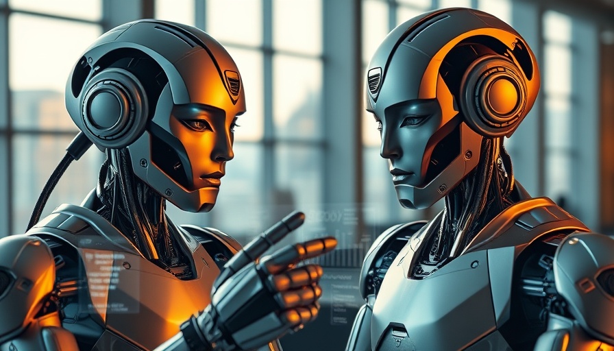 Robots discussing data, showcasing ensemble methods AI accuracy in a futuristic setting.