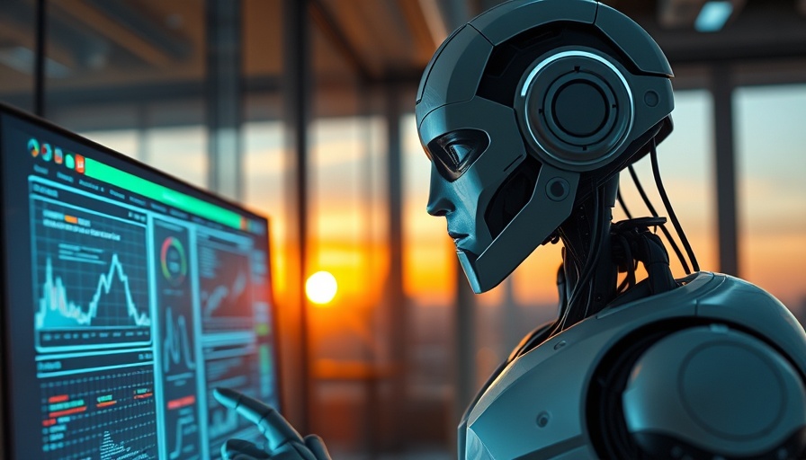 AI robot analyzes network data for backlink opportunities in a sunset office.