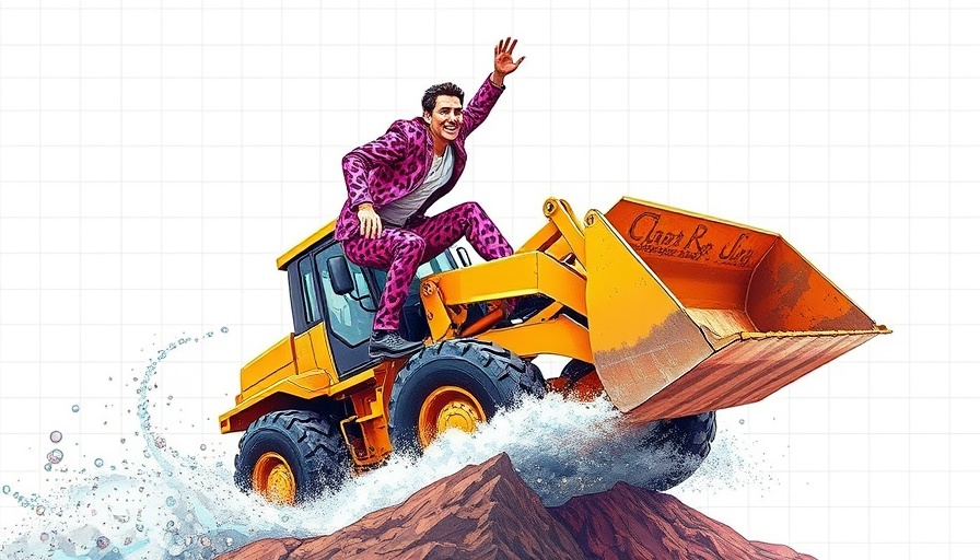 AI Hype Index: Surreal collage with a man surfing on a bulldozer