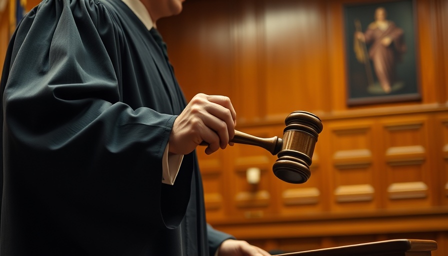 Judge in courtroom using gavel, warm lighting