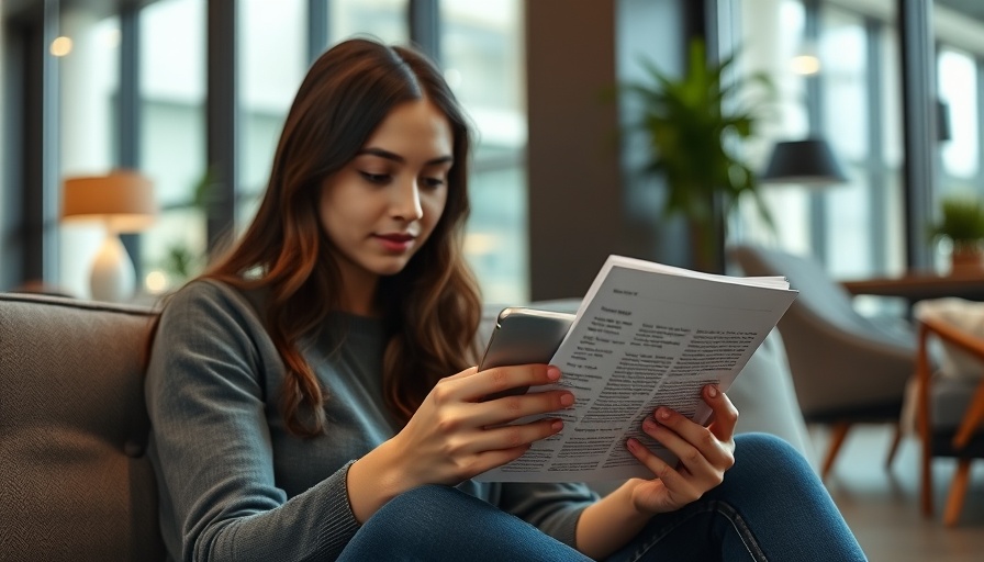 Young woman reading mindful yoga article on smartphone.