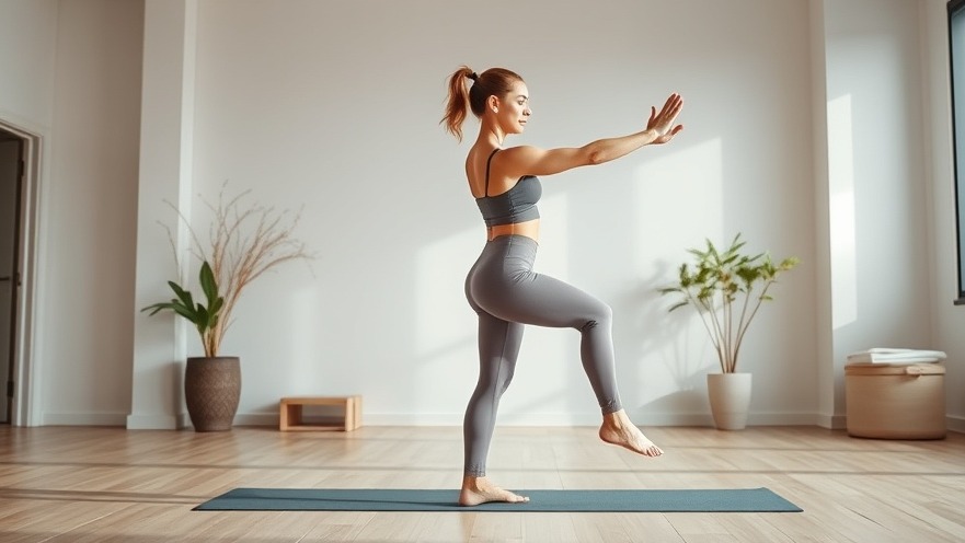 Fit woman performing heel beats for glute toning in a serene Vinyasa Yoga studio.