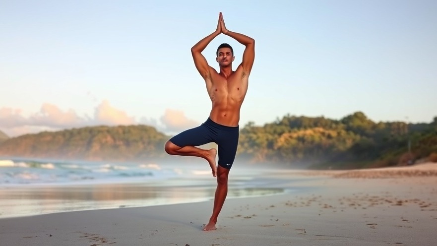 Fit man in dynamic yoga pose on a serene beach, showcasing yoga benefits for wellness.