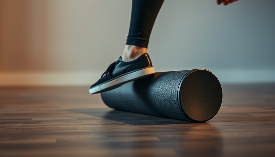 Legs foam rolling on a blue mat in a serene setting.