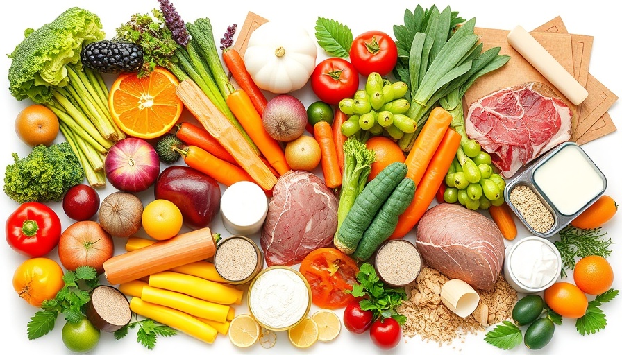 Variety of fresh foods on a table representing a food pyramid.