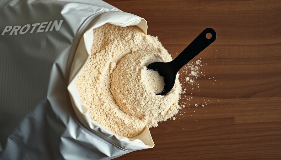 Open protein powder bag recall, top view on wooden table.