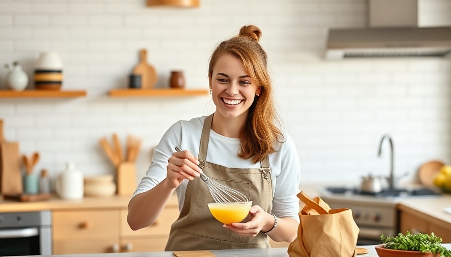 Young woman preparing a high-protein breakfast in a modern kitchen.