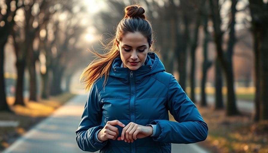 Woman checks Garmin Forerunner on park run in winter.