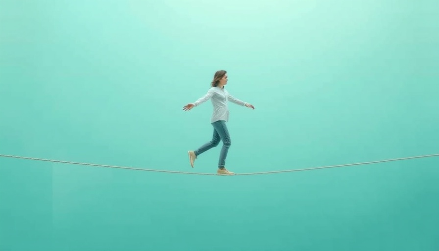 Abstract figure balancing on tightrope, modern healthcare symbolism