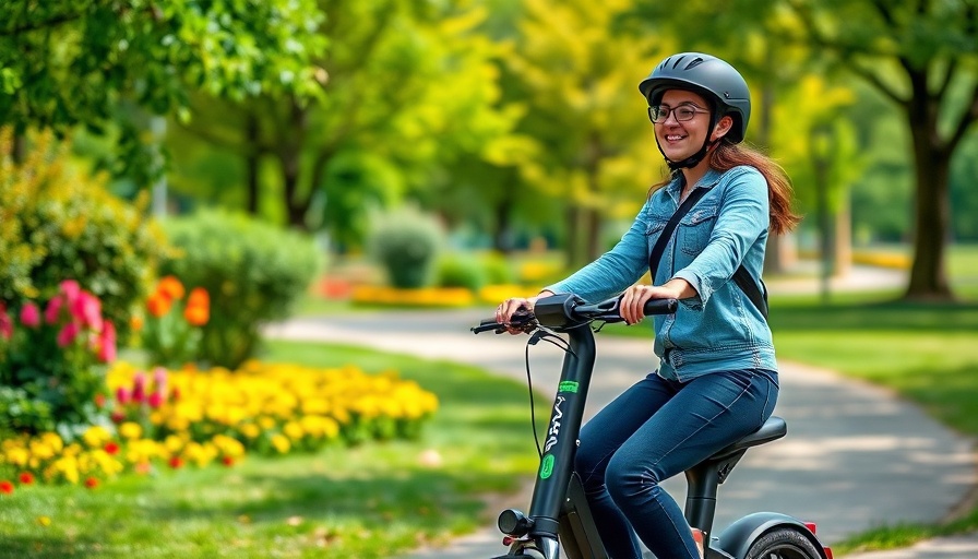 Young woman demonstrating e-bike safety by wearing a helmet, riding through a park.