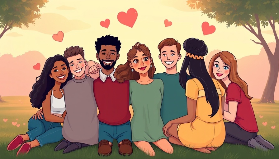 Mindfulness practice group sitting together at sunset, cartoon style.