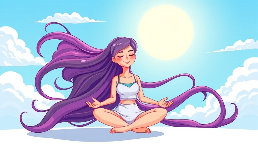 Young woman meditating in the sun, cartoon style.