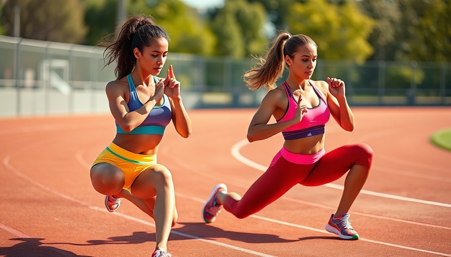 Mindful exercise with women doing lunges on track in colorful outfits.