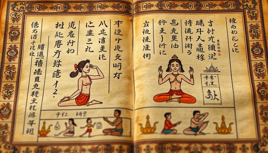 Ancient manuscript showing yoga poses, historic illustration.