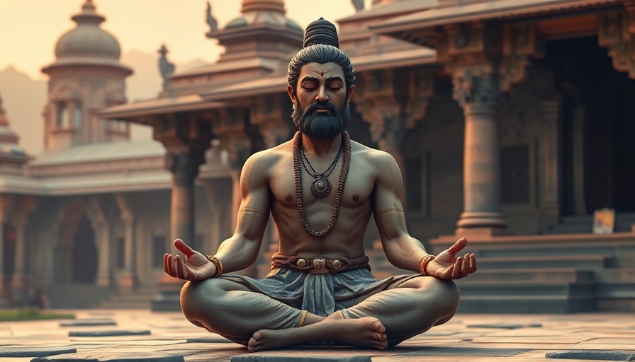 Ancient yoga figure meditating in a historical temple, Yoga History.