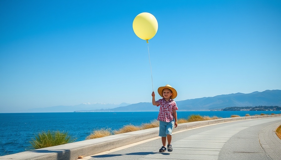 Woman and toddler walking by the sea with a balloon on a sunny day.
