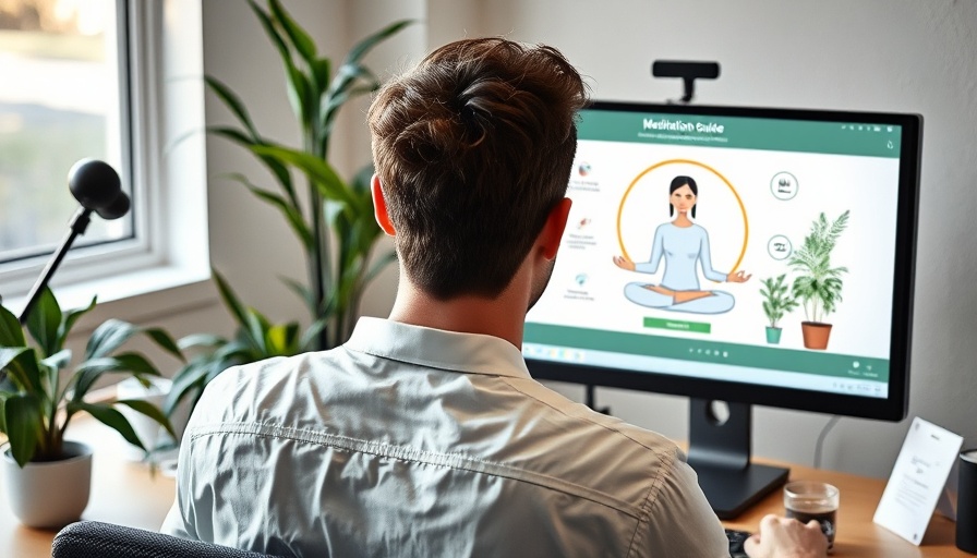 Mindfulness meditation guide on computer screen in calm workspace.
