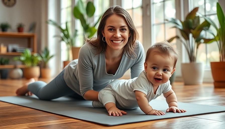 Mother and baby doing postnatal workout at home.
