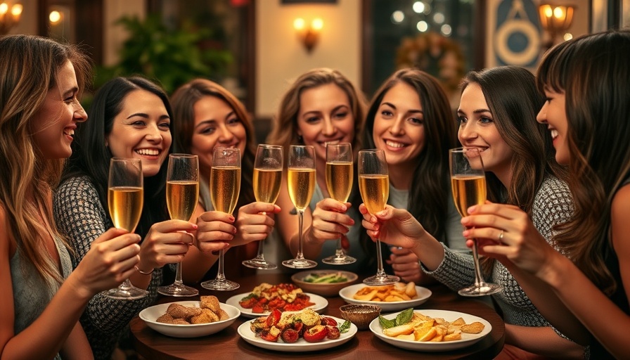 Group toasting with drinks over snacks, Alcohol and Cancer theme.