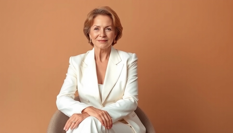 Confident mature woman in white suit seated against a brown background for confidence building.