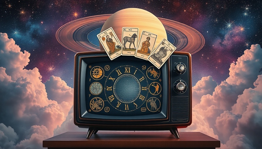 Retro TV with zodiac symbols and tarot cards in cosmic scene.
