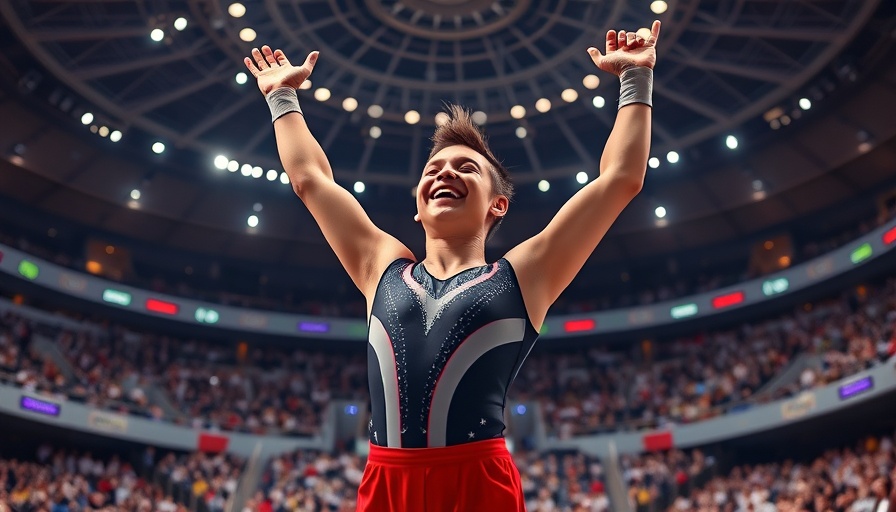 Simone Biles in gymnastics event, smiling triumphantly.
