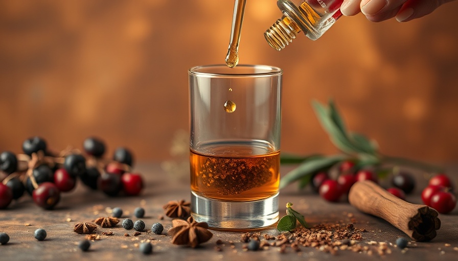 Elegant display of herbal tinctures with a cocktail glass.