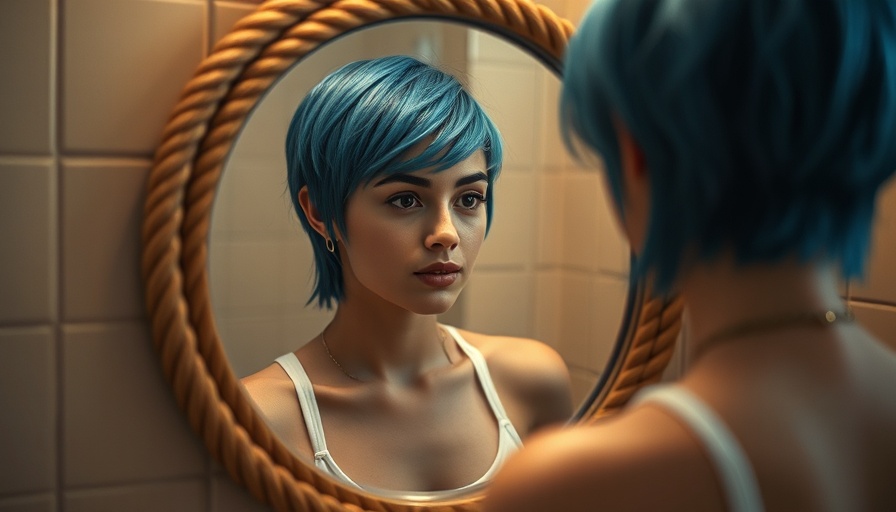 Person with blue hair looking in mirror in cozy bathroom