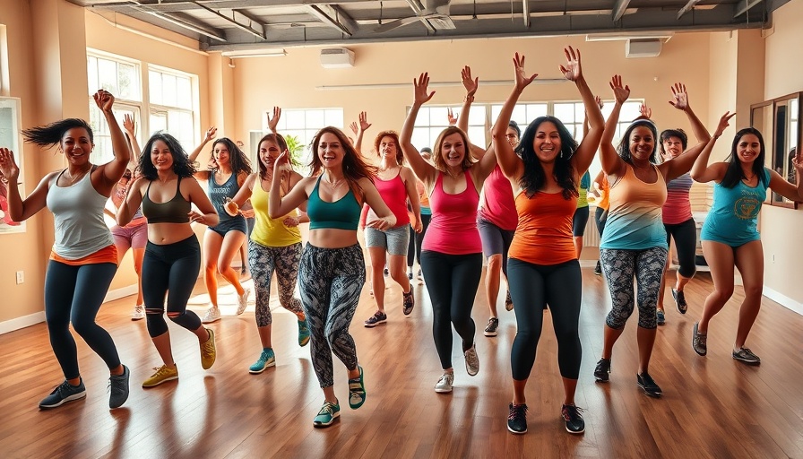 Zumba fitness class with energetic dancers in a bright studio.