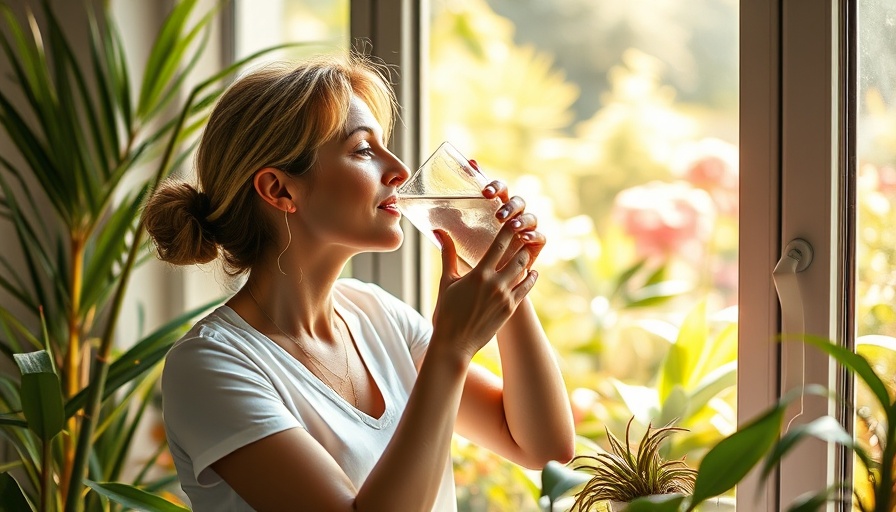 Woman embracing Dry January by drinking water, sunlight streaming through window.
