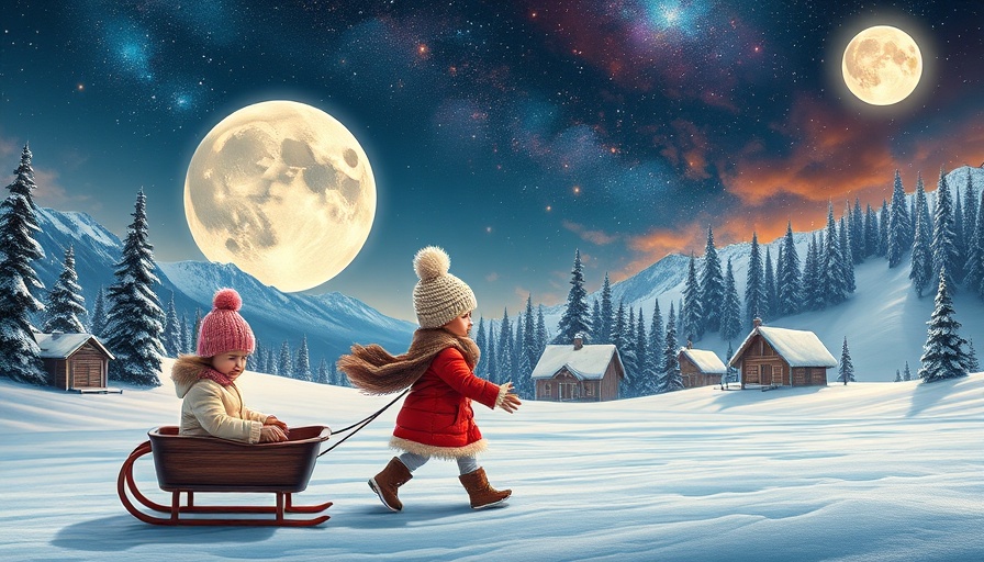 Whimsical winter scene with full moon and planets in snowy landscape.