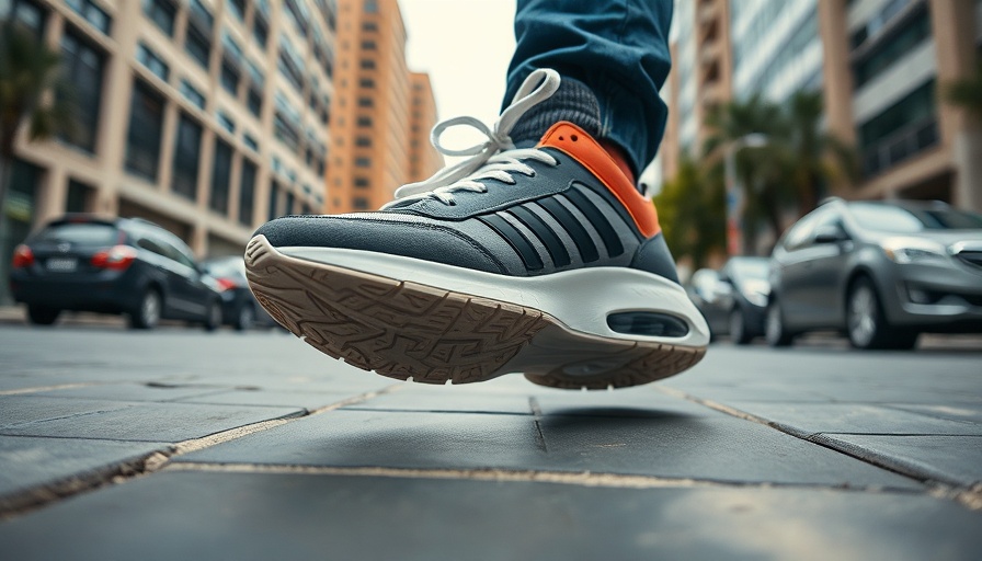 Close-up of sneakers in retro-walking motion on urban pavement.