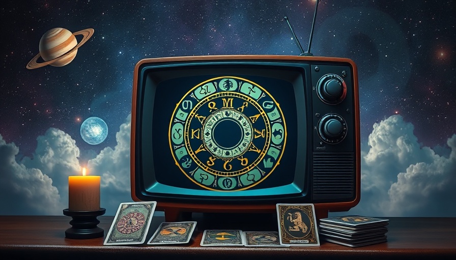 Retro TV with zodiac wheel and tarot cards in space for daily horoscope