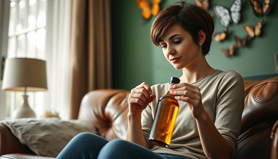 Woman examining probiotics in stylish living room.