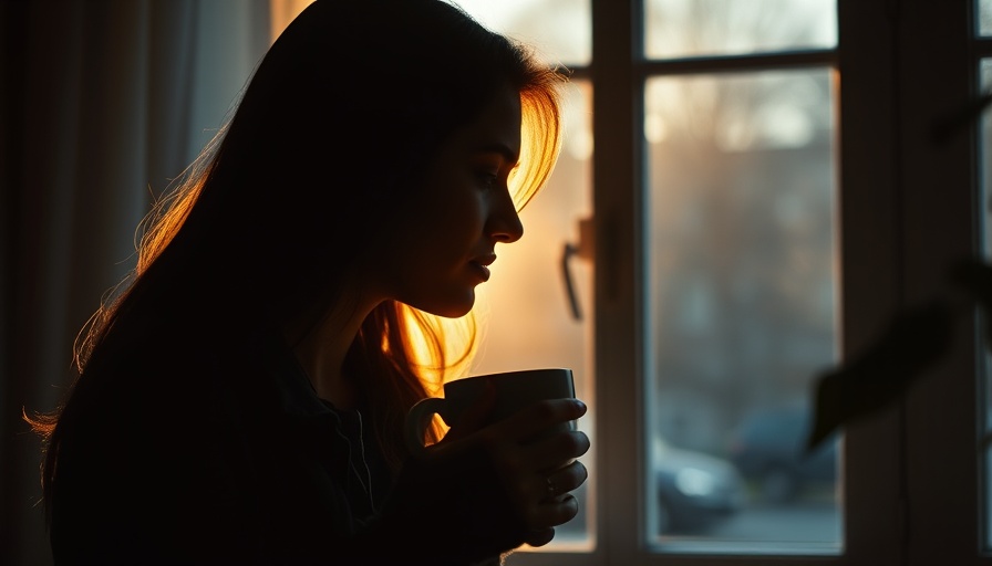 Silhouette of a woman enjoying morning coffee by the window.
