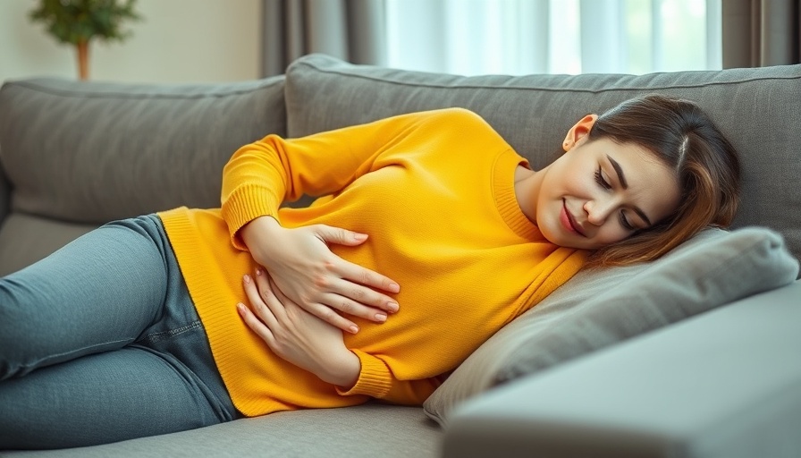 Woman experiencing stomach discomfort, lying on couch, stomach health.