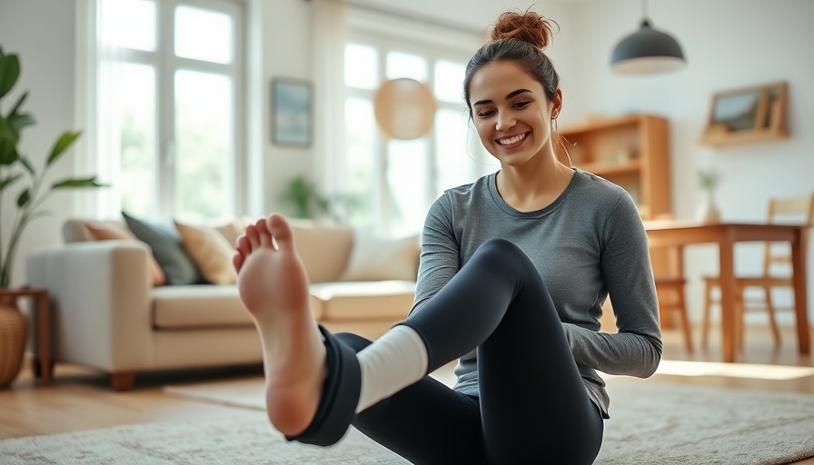 Woman adjusting ankle weights on a yoga mat in living room.