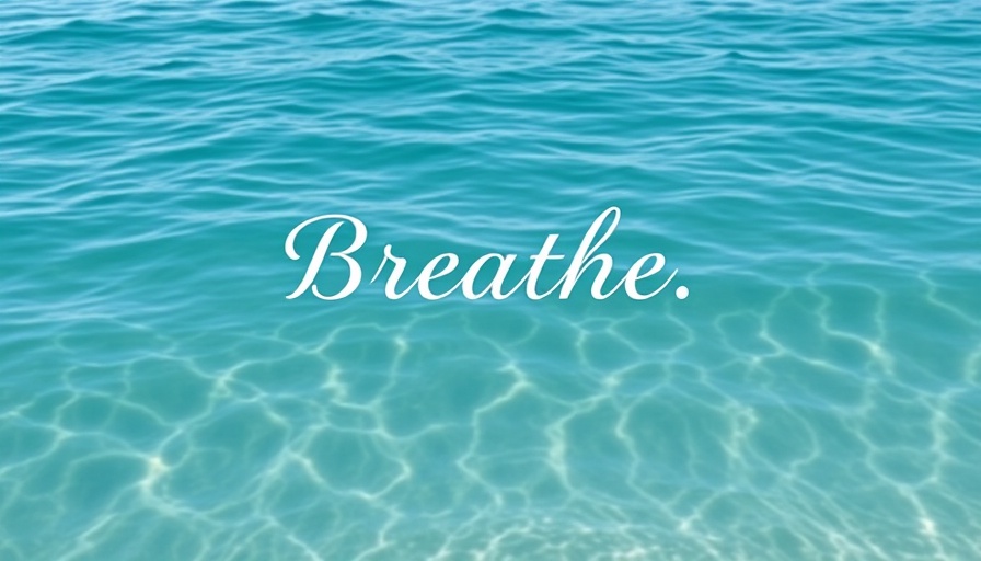Calm ocean waves with 'BREATHE' text, serene, yoga transformation.