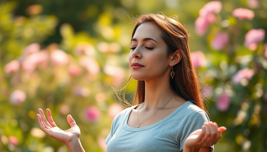 Woman practicing Sambhavi Mudra in a serene garden setting.